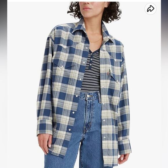 NEW Levi’s Pearl Snaps Western Flannel Shirt Relaxed Fit Blue Plaid Womens S $70 - Picture 1 of 3